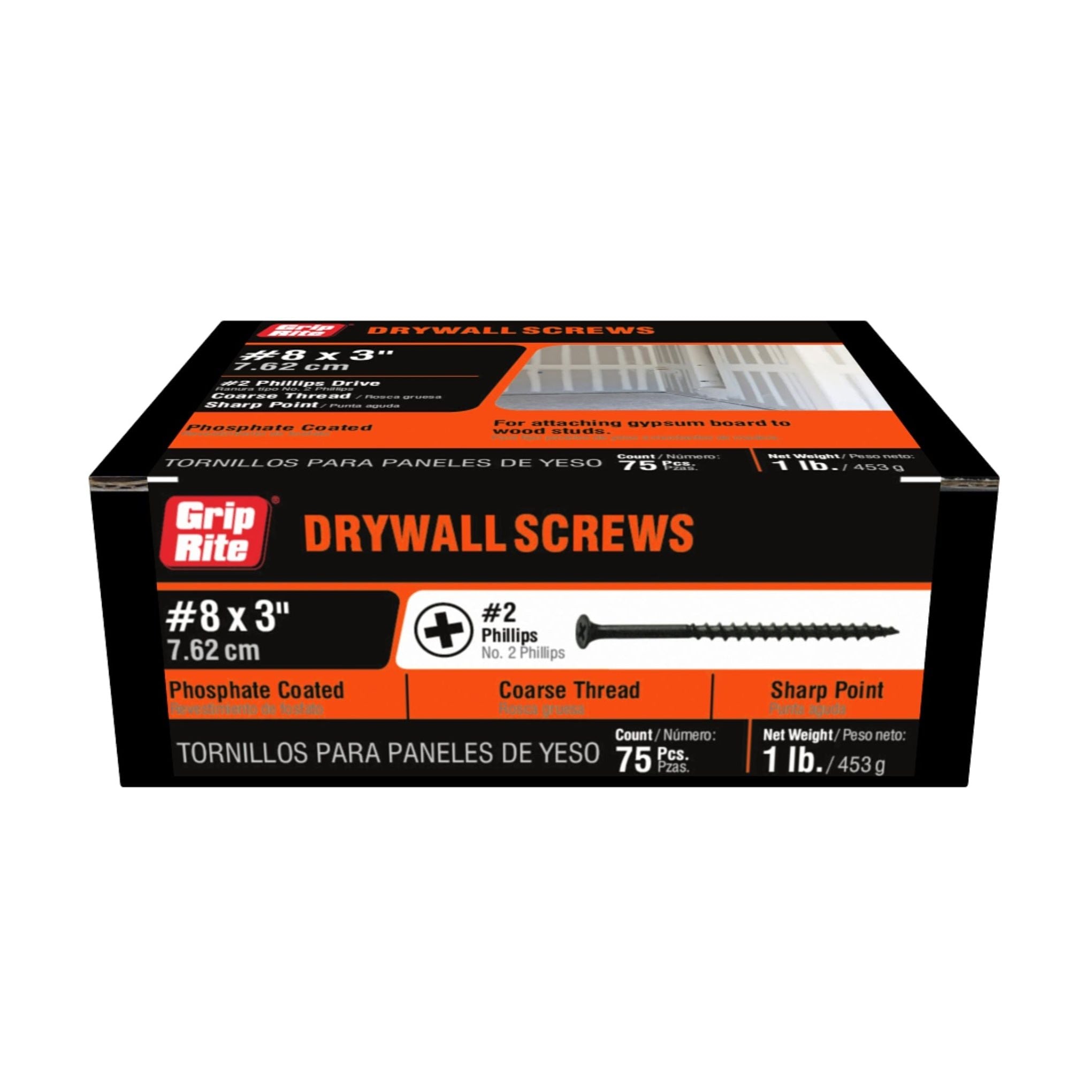 The GRIP-RITE 3CDWS1 drywall screws pack includes #8 x 3 bugle head, Phillips screws with coarse threads and a sharp point, featuring a black phosphate coating. Packed in striking black, orange, and gray packaging from Grip-Rite, the box contains 75 pieces weighing 1 lb (453g).